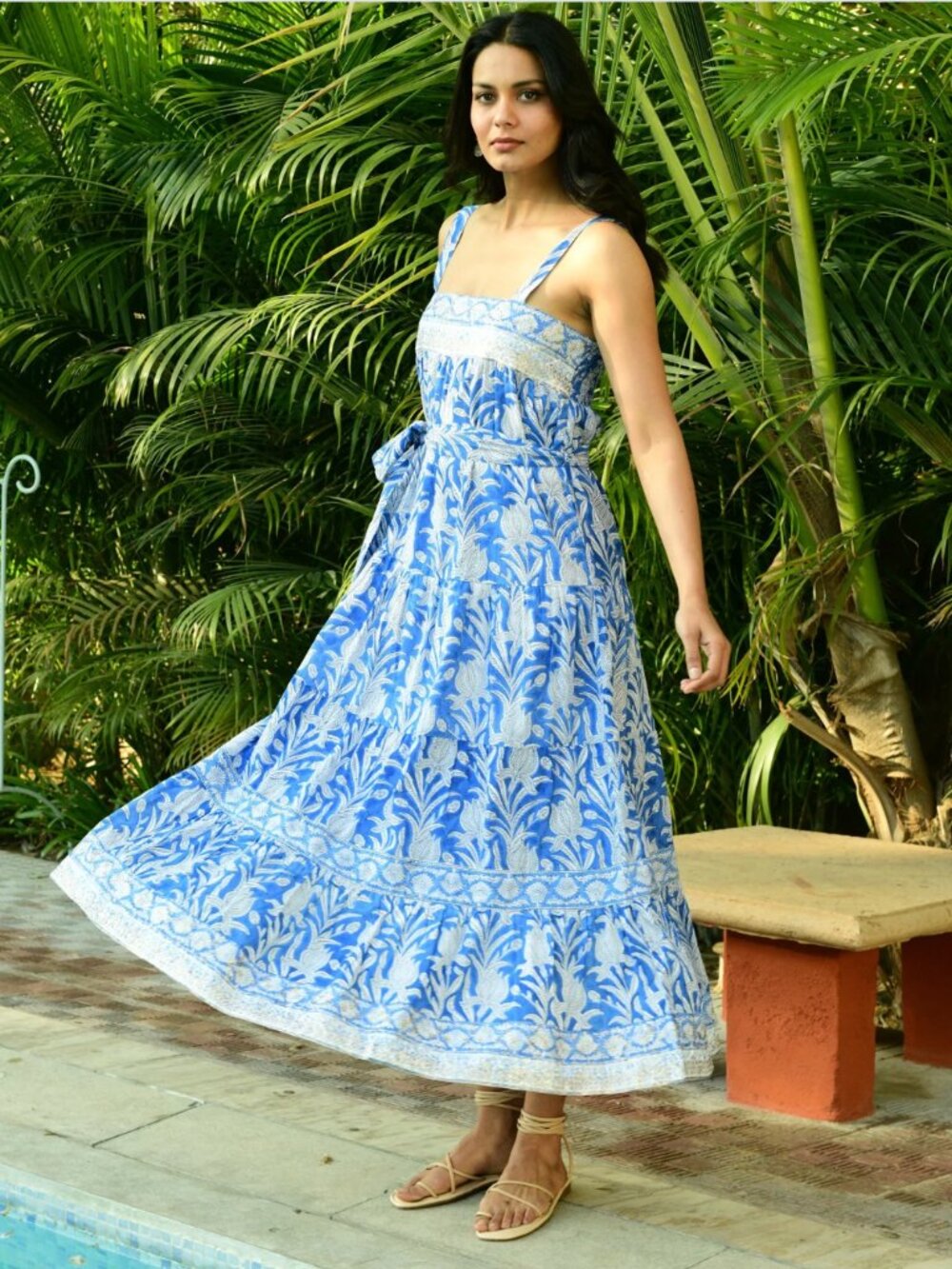 AZURE AND INDIGO Cotton, Hand block-printed Lamu Maxi Dress in Blue Brand NEW